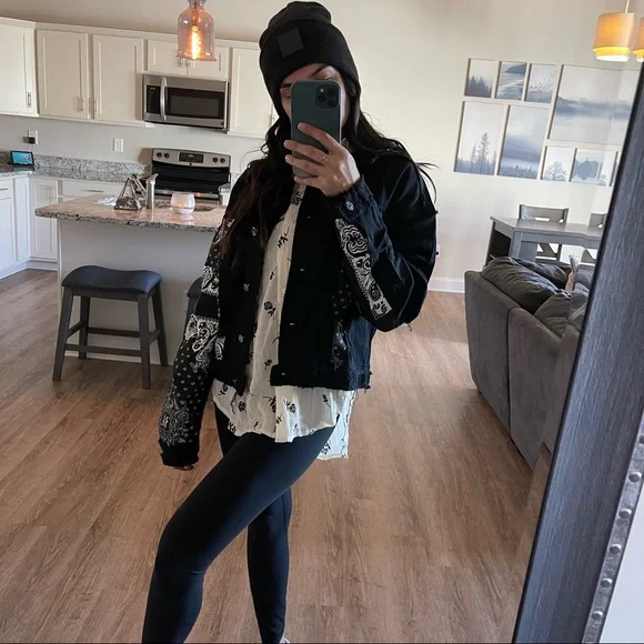 West Side Black Bandana Distressed Denim Jacket - Picture 14 of 14